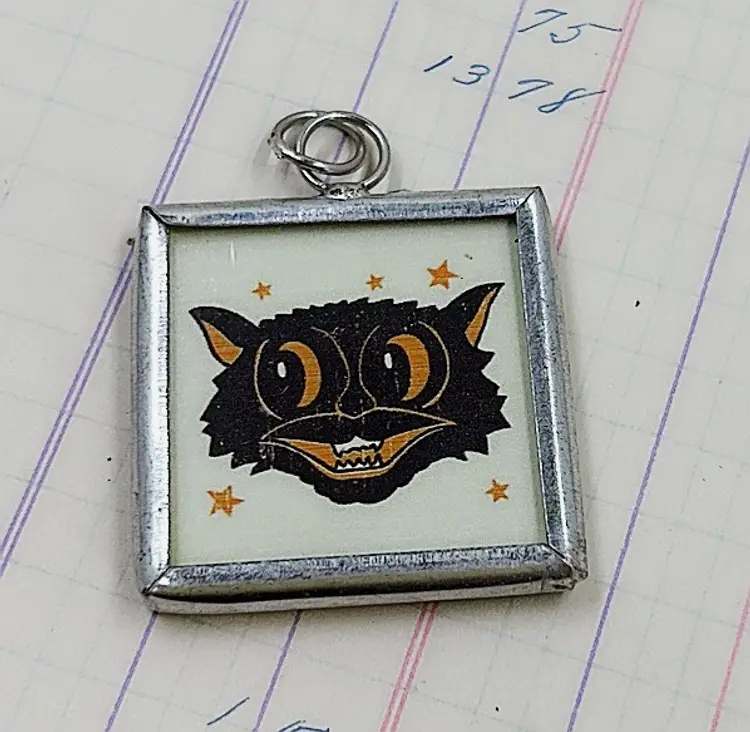 Trick Or Treat Folk Art Black Cat Halloween Pendant Black And Orange Pumpkin In Silver Frame With Loop 1.5”Free Shipping