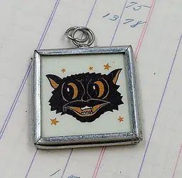 Trick Or Treat Folk Art Black Cat Halloween Pendant Black And Orange Pumpkin In Silver Frame With Loop 1.5”Free Shipping