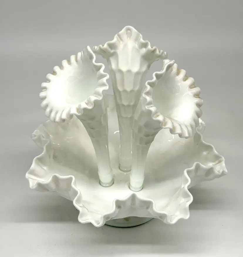 025.  Vintage Fenton Olde Virginia Patterned Milk Glass Epergne Apx 10”w 9”h