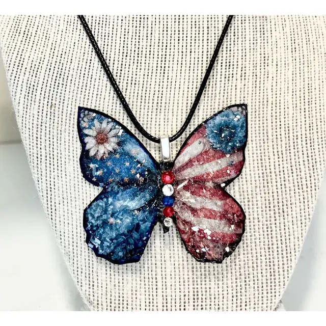 Patriotic Resin Butterfly Pendant 
1 2/2” X 1 1/2”