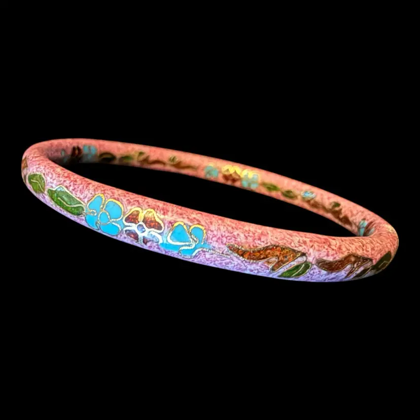 Cloisonné Purple Floral Bangle Bracelet 2.5” Opening