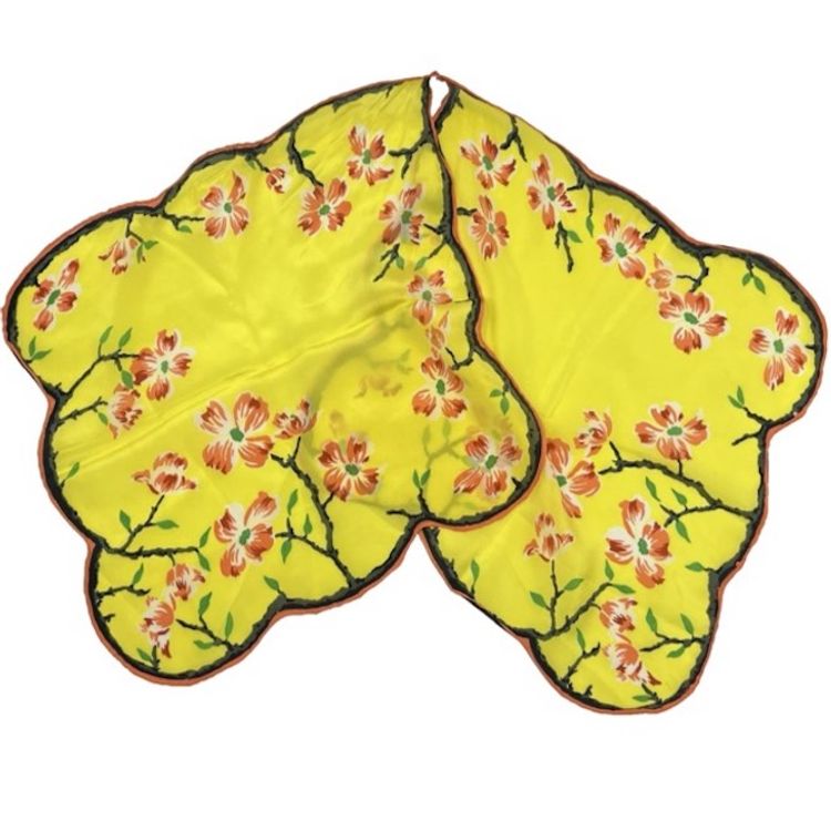 Vintage Asian Floral Silk Hanky Scarf Scalloped Edges Yellow Double Hankie *READ