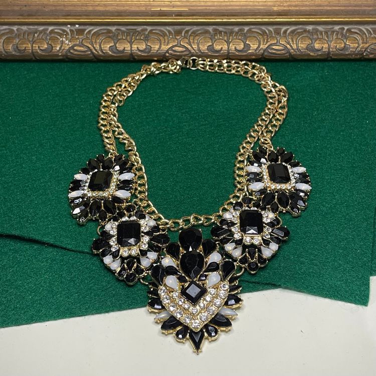 Statement Necklace Black & Clear Rhinestone Gold Tone