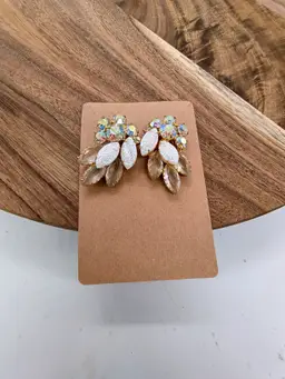 Vintage Gold Tone Aurora Borealis Rhinestone Statement Clip on Earrings