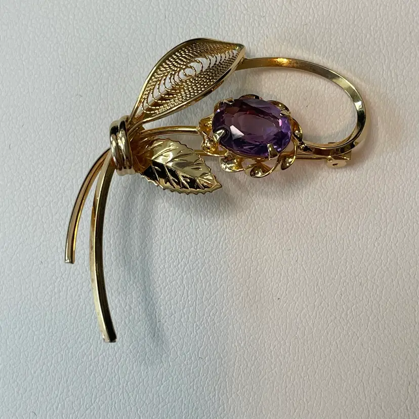 Real Amethyst 1.5” Gold Tone Brooch