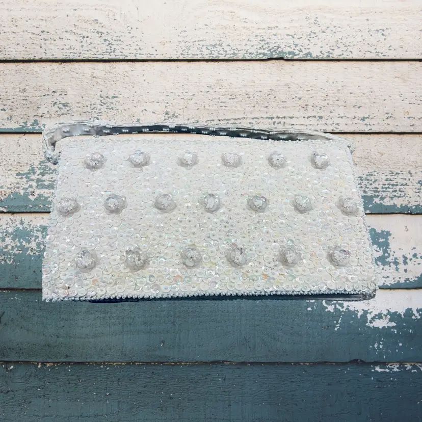Vintage Beaded Elegant White Embellished Clutch Purse Rieheie Japan