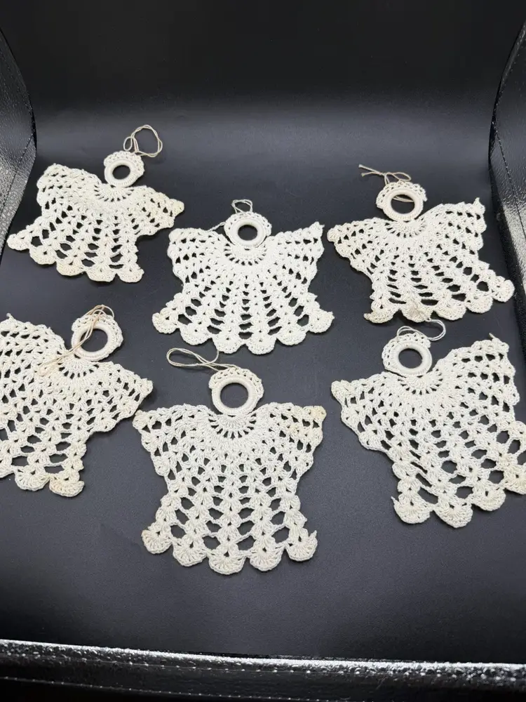 Lot 6 - Vintage Handmade Crocheted Angels Christmas Trees Ornaments White Cream