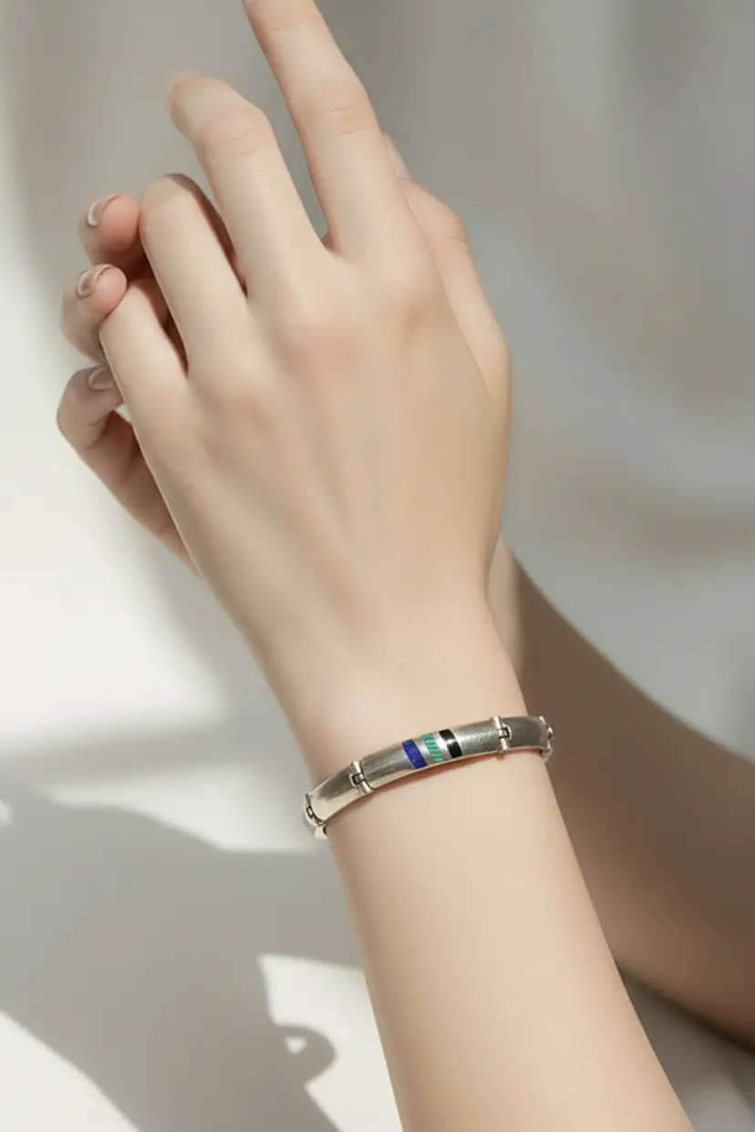 Vtg Taxco Mexico Sterling Silver Multi Stone Inlay link Bracelet, 7.75"