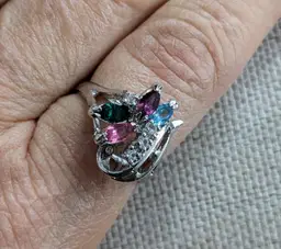 Vintage Silver Tone Cocktail Ring with Colored Stones, Size 8