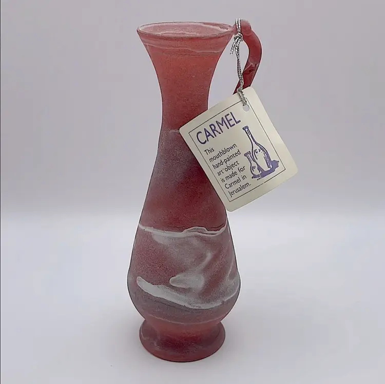 Beautiful! Hand-painted Satin Glass Vessel Made for Carmel in Jerusalem, Dusty Red/White