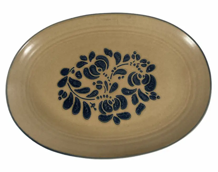 Pfaltzgraff Platter Cottagecore Folk Art Stoneware Pottery 14" Brown Blue VTG