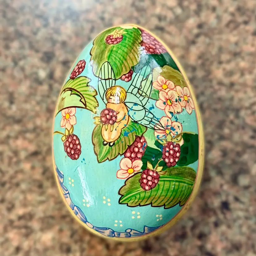 Vintage Handpainted Fairy Floral Yellow Wooden Egg Made in India