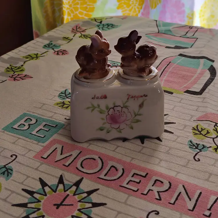 Vintage Deer Nodder Salt and Pepper Shaker Set | Cute Tiny Rocking Deer Shakers in a Floral Caddy | 1950s Made in Japan