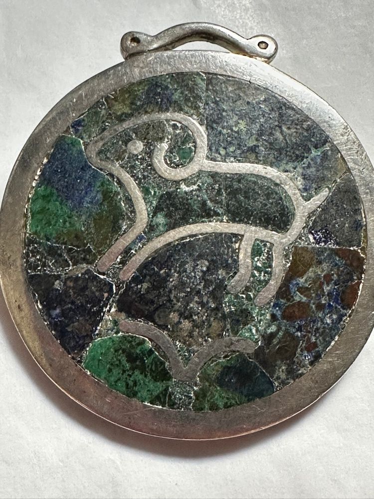 Los Castillo Mosaica Aries Astrological Sign Brooch Mexico Sterling Silver & Stone