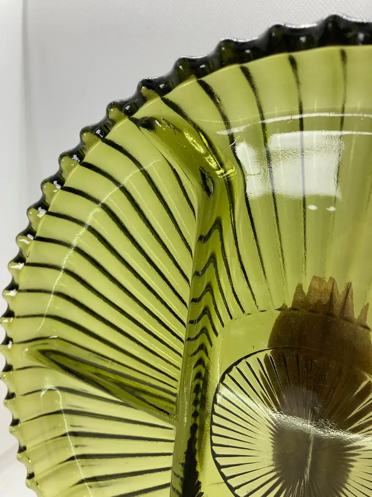 1960's Vintage 10" Avocado Green Glass Relish Pickle Snack Tray Divided Plate