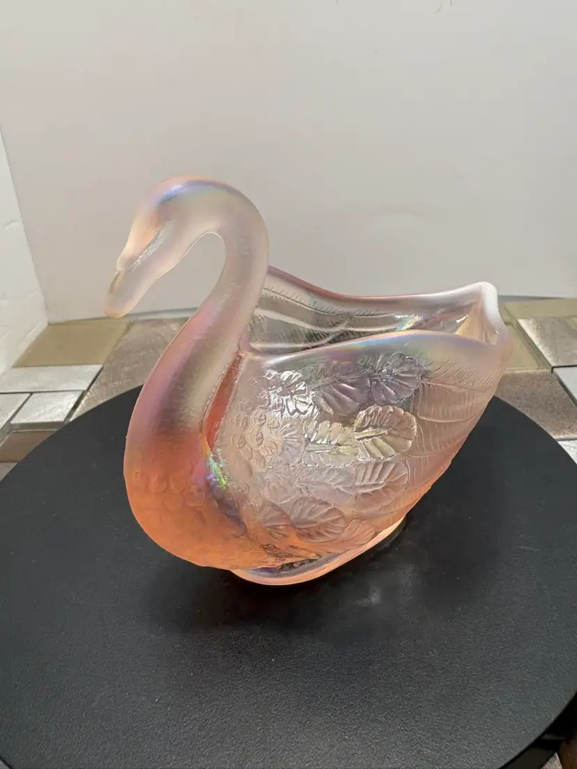 Vintage 1960s Fenton Pink Iridescent Swan Basket, Trinket Dish /Carnival