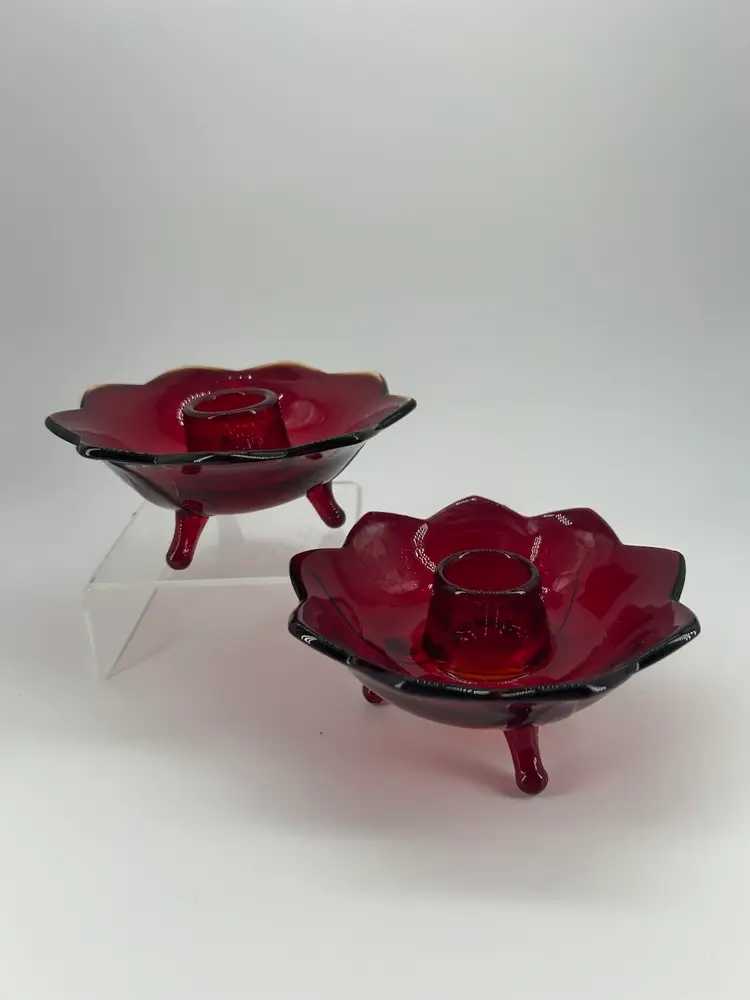 VINTAGE PAIR OF FENTON RUBY RED LOTUS FLOWER PEDESTAL CANDLE HOLDERS