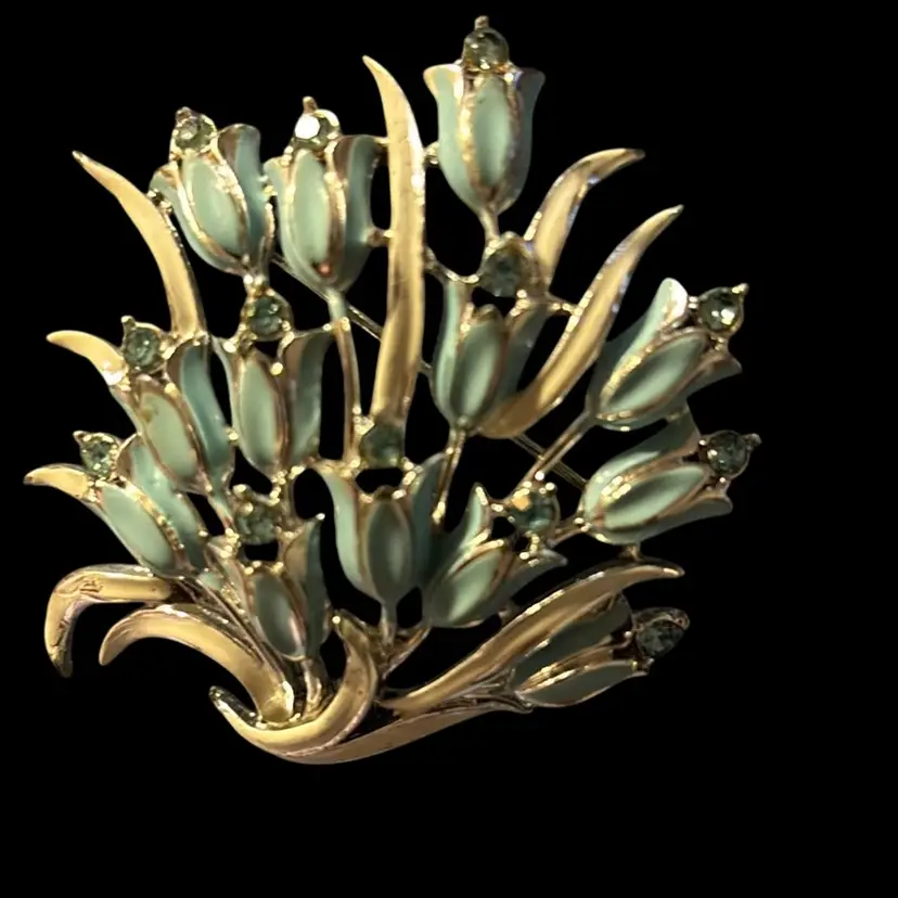 #01 Vintage Silver Tone Brooch Enameled White Stems And Blue Enameled Tulips With Blue Rhinestones Above Tulips.