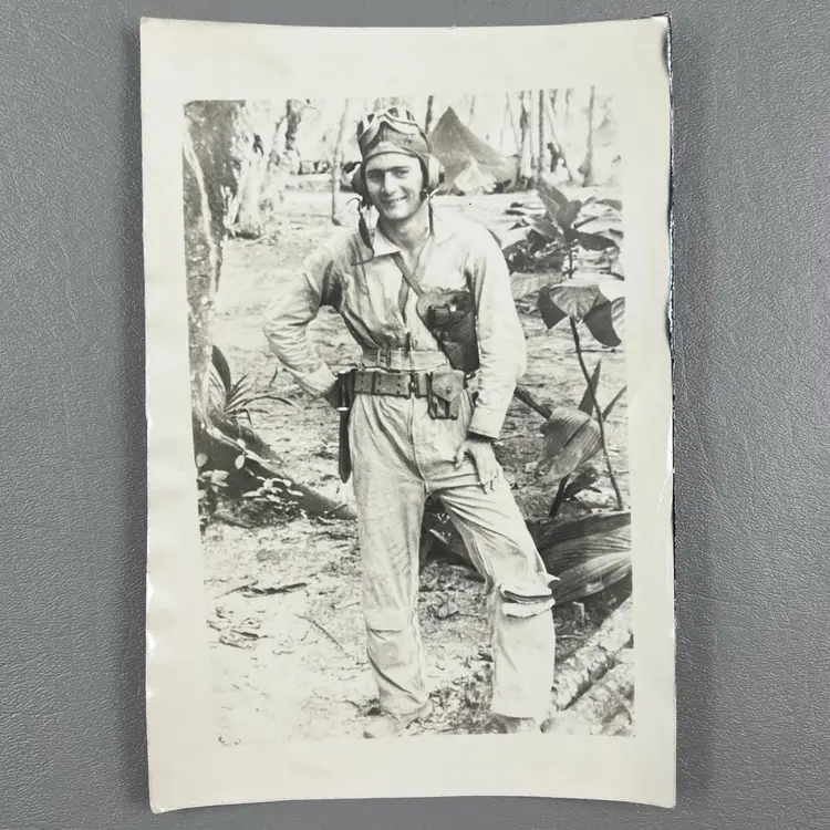 Vintage Aviation Military Photo WWII Era Male Man Smoking Outdoors Pilot Gear