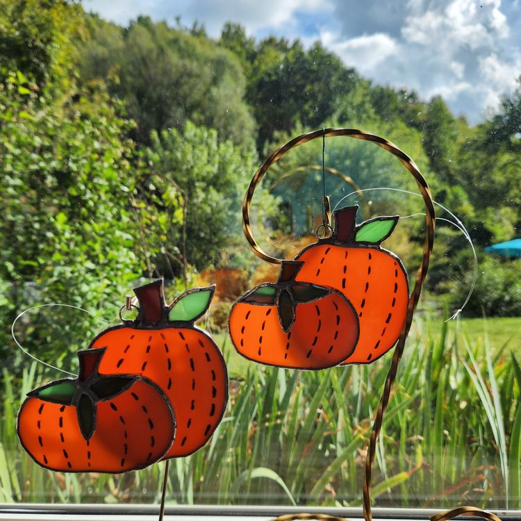 Stained Glass Pumpkin Sun Catcher Jack O'Lantern Window Hanger Set of 2 Hand Made Suncatcher Ornament Halloween Decor - USA