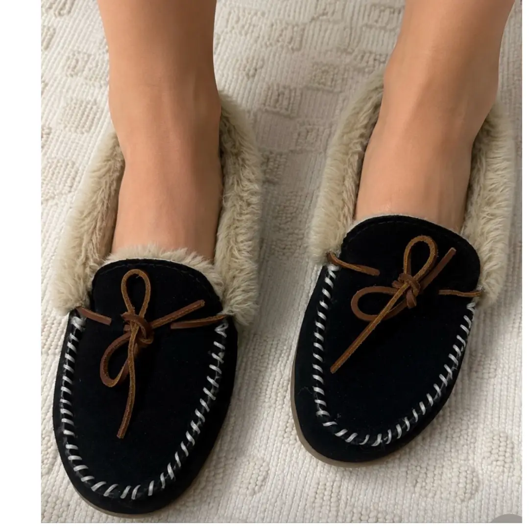 SoftMoc Black Suede Moccasins with Fur Lining