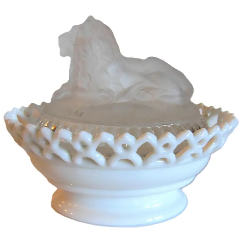 'Marriage' of Rare EAPG 1889 Atterbury Frosted Lion Lid on Westmoreland Glass, Milk Glass, Dancing Sailor Base Dish