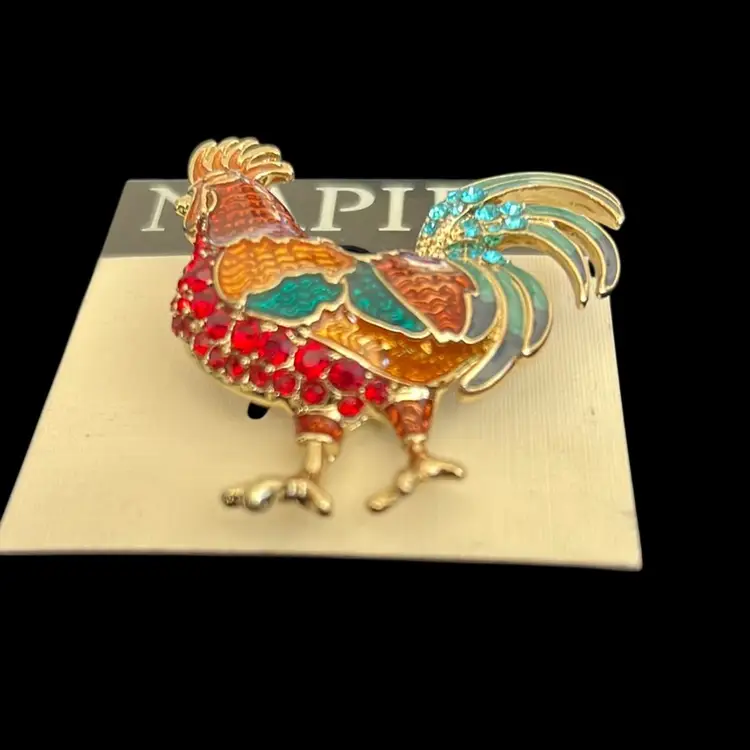 NAPIER Rooster Guilloche Enamel Aqua Gold Amber Rhinestones Goldtone Brooch