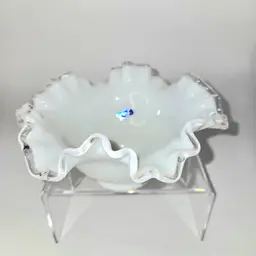 Fenton Silver Crest Bowl Ruffled Rim Milk Glass Fenton Sticker Vintage