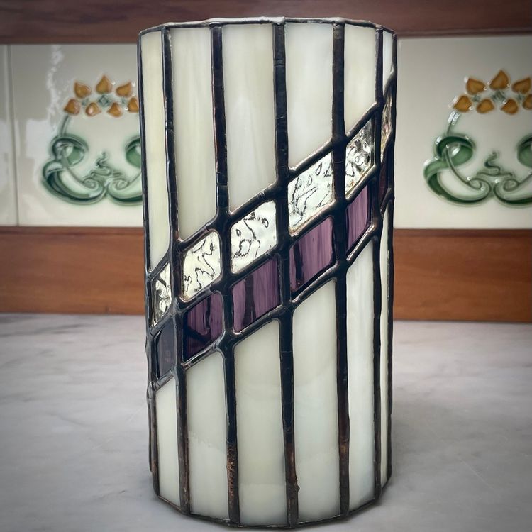 Tall Handmade Stained Glass Vase Candle Votive Artist Signed Purple White READ 7.25"
