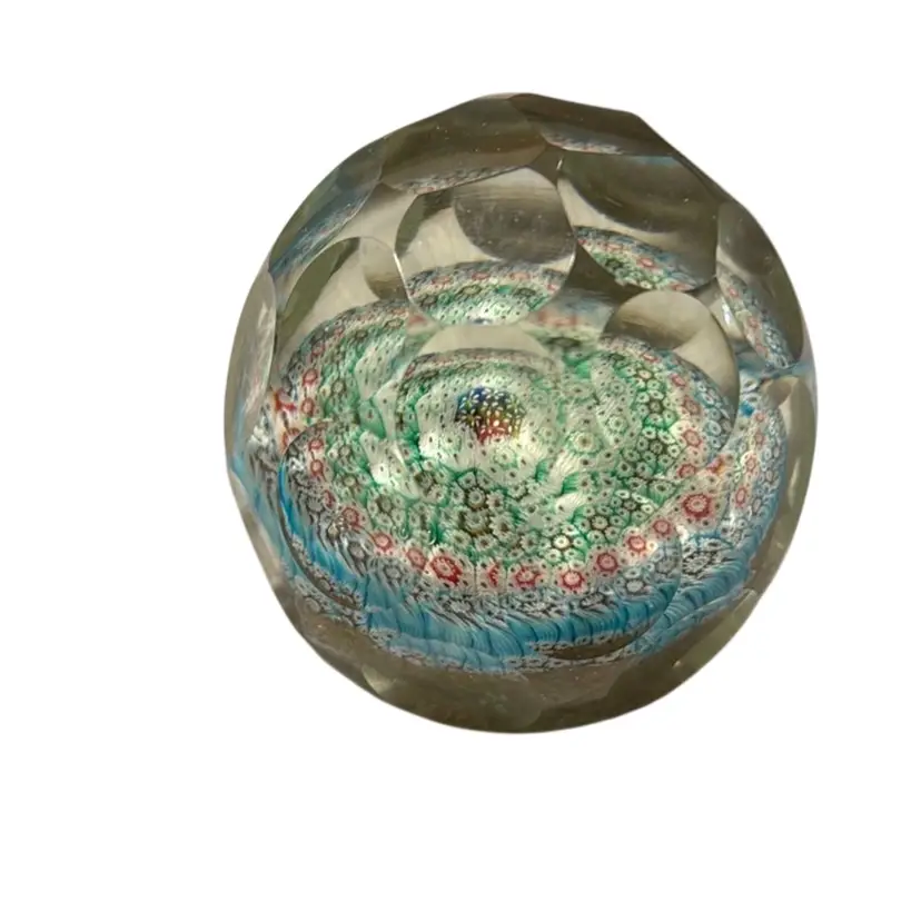 Murano Vintage Close-packed Complex Daisy Canes Copper Aventurine Base Heavily Faceted Paperweight - 3.25”