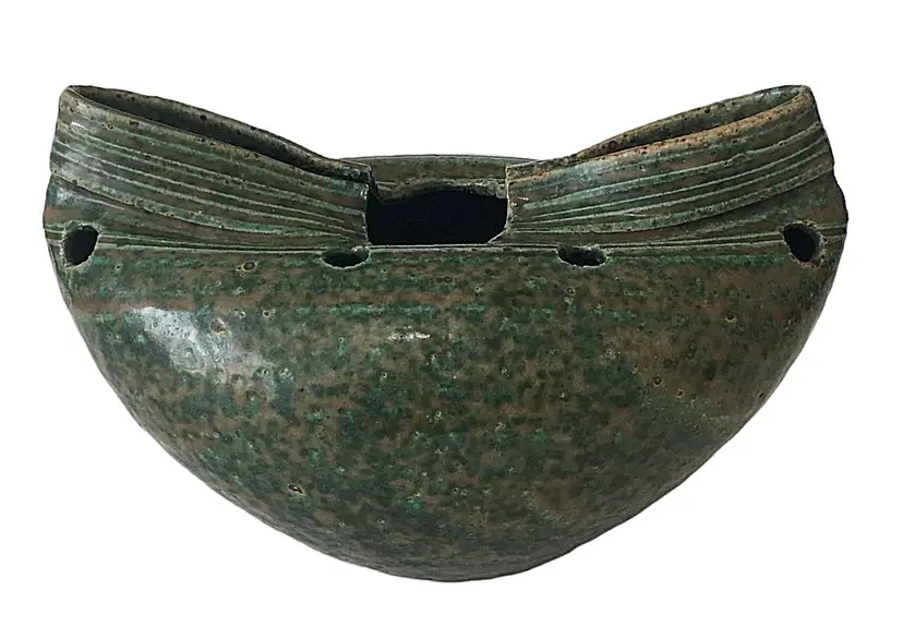 Michael Nowack Pottery Flower Frog Vase Bowl Signed Green