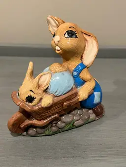 Vintage Pepiware Pendlefin Wheelbarrow "Joyride" Handpainted Stoneware Rabbit Figurine Made in England 1970s
