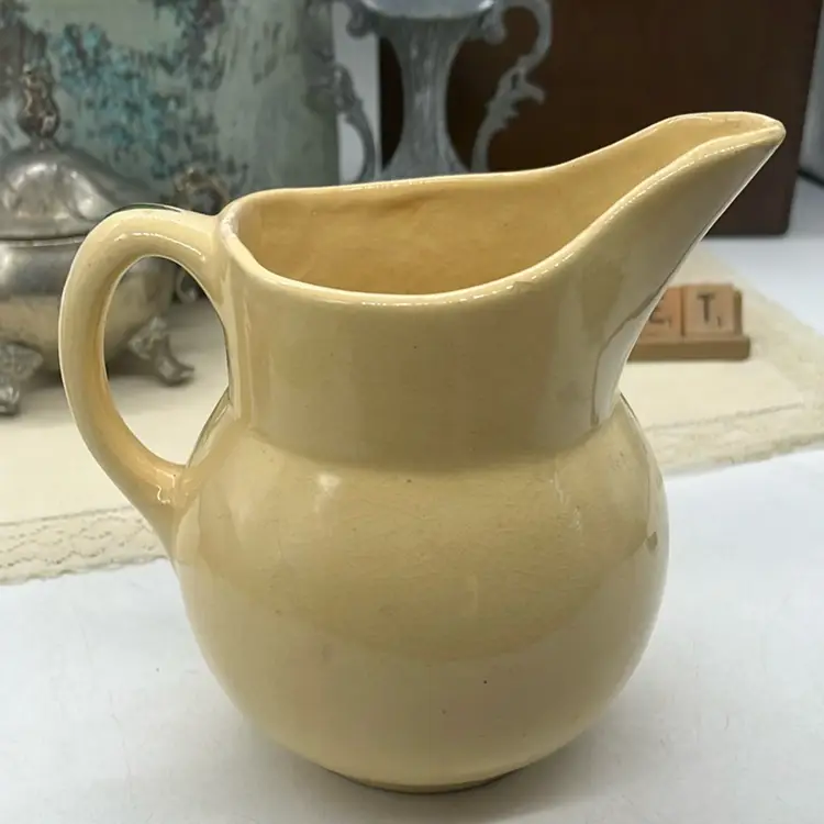 Vtg Yellow Ware Pitcher Handpainted Apple Farmhouse