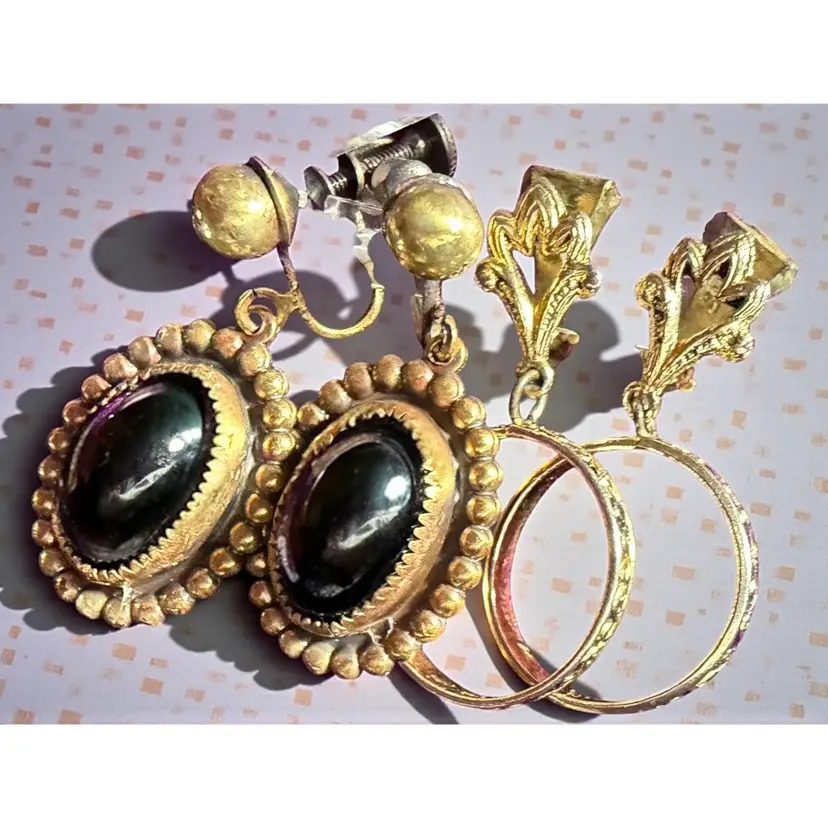 Lot Of 2 Pair Art Deco Style Gold Tone Clip On Screw Back Earrings