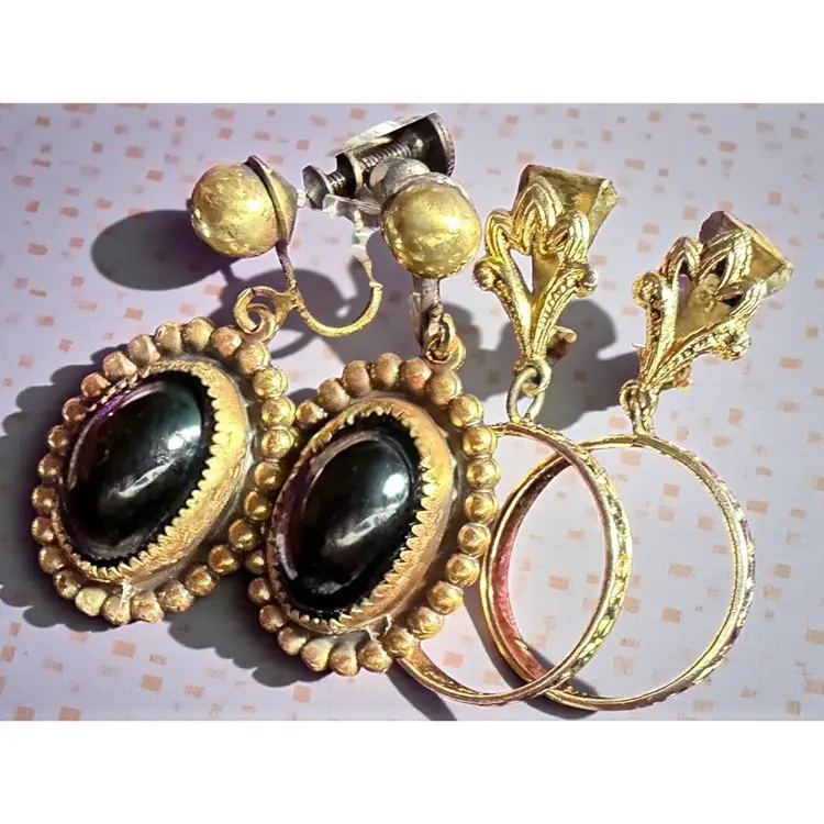 Lot Of 2 Pair Art Deco Style Gold Tone Clip On Screw Back Earrings