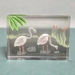 Vintage Reverse Carved Acrylic Pair Of Pink Flamingos Beach Seaside Paperweight