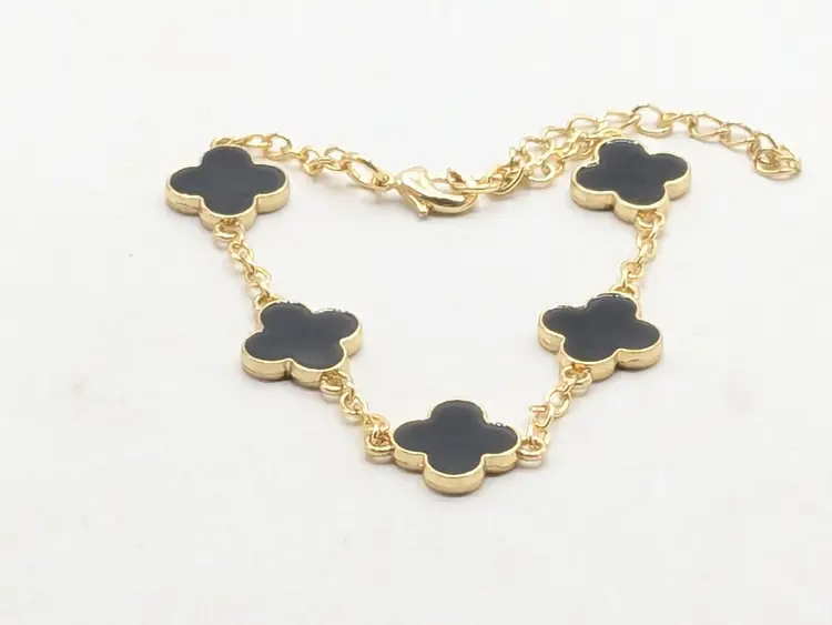 Gold Tone Black Clover Link Chain Bracelet