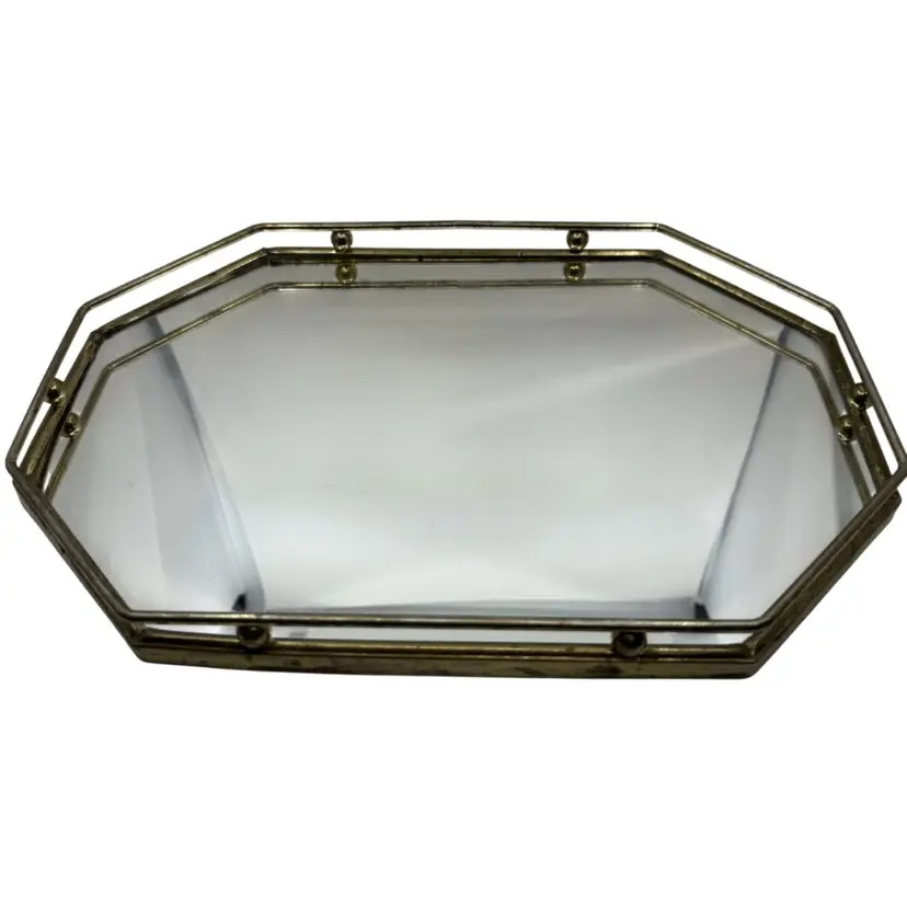 Vintage Octagonal Mirrored Vanity Tray With Brass Around, 13”x9”, Felted Back
