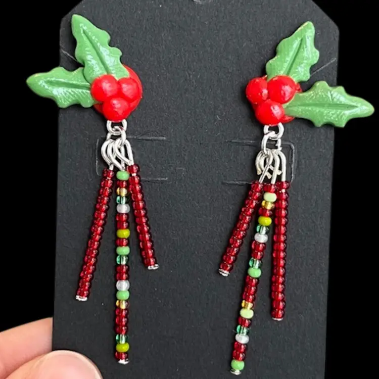 Handmade By Me - Polymer Clay Holly Berry Earrings With Red & Green Seed Bead Tassel, Handmade Christmas Earrings, Made By NN Artist, Handmade Christmas Accessories
