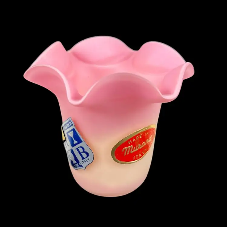 Murano Glass Burmese Toothpick Holder With Ruffled Rim, KB Imports Italian Art Glass Burmese Toothpick Holder, Burmese Glass, UV Glow Glass, Uranium Glass, Vintage Art Glass