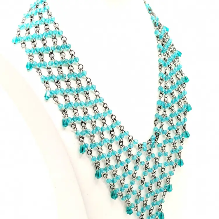 Silver Tone Aqua Beaded Bib Necklace Mermaid Jewelry