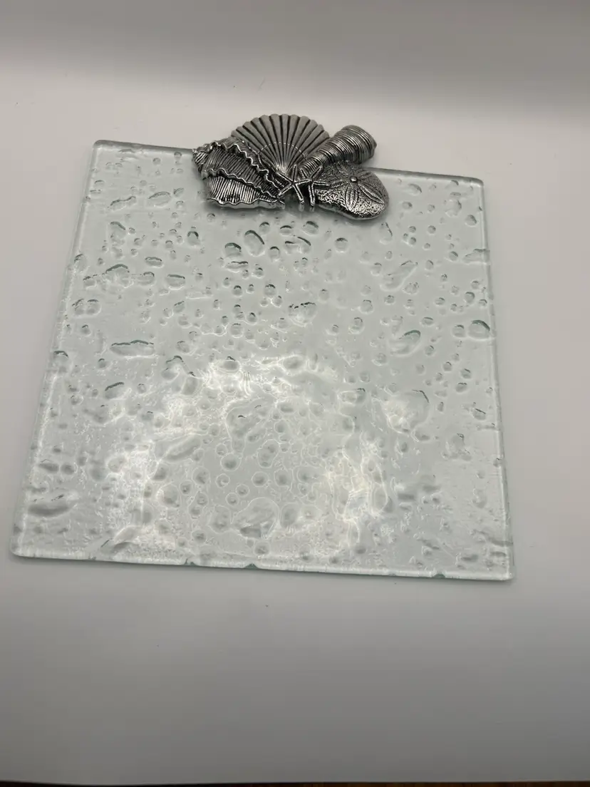 Textured Glass Serving Tray With Sea Shells