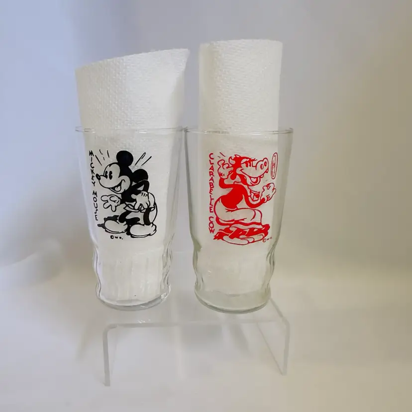 V2 Vintage Disney Mickey Mouse & Clarabell Cow In Black And Red Graphics Glass Tumblers 1930’s