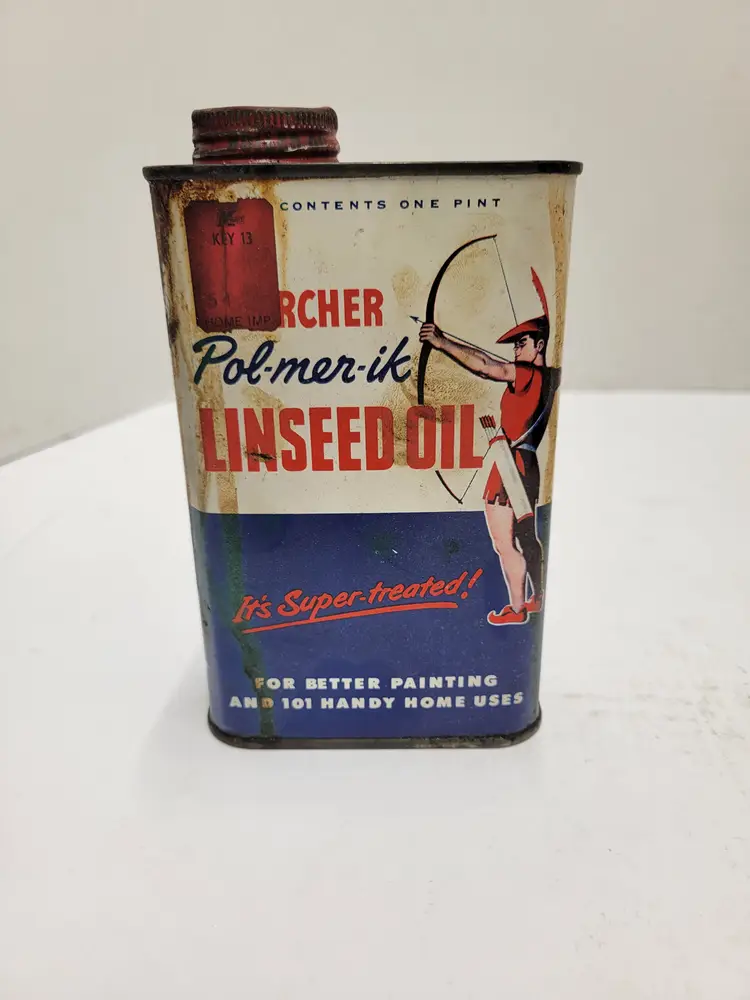 Vintage Archer Pol-mer-ik Linseed Oil Can Empty, cool graphics