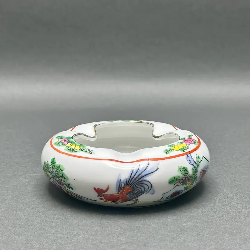 Vintage Macau Hand Painted White Porcelain Ashtray/Catchall/Trinket Dish Adorned With Roosters, Flowers and Fruits