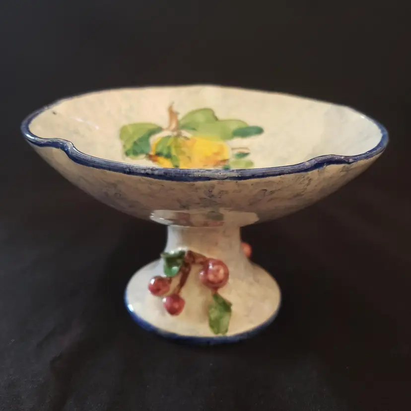 Italian Hand-painted Pedestal Ceramic Compote Bowl Signed 3½" Tall 5½" Diameter