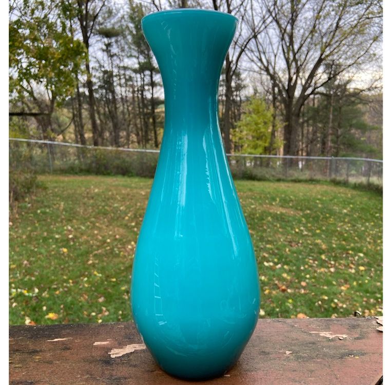 Teal Vase Cased With White. 12”h x 4.25”w. Ombré Coloring Toward Base. Not Marked.
