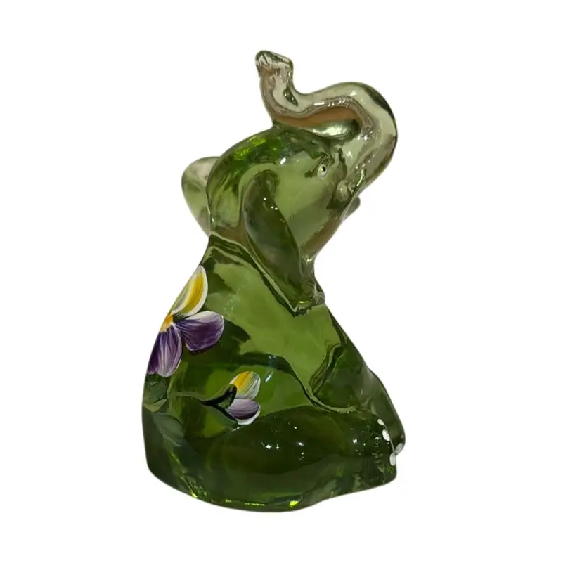 Fenton & Lenox - “Fern The Little Green Elephant” Hand Painted Sitting Trunk Up Glass Elephant With Pansies Flowers  – Signed, Stamped & Stickered