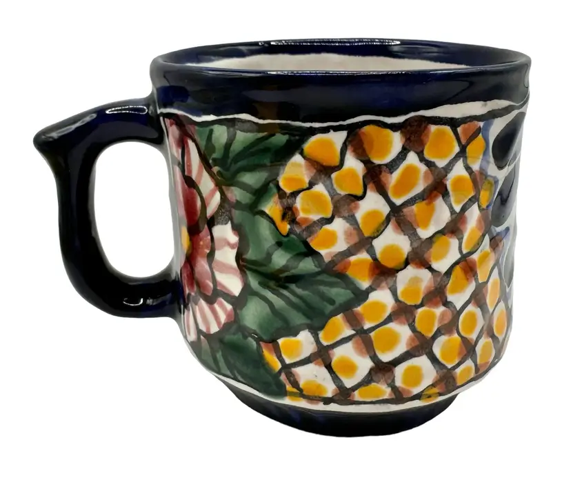 Talavera Mexico Pottery Mug Floral Blue White Yellow Green Red 3.5β READ