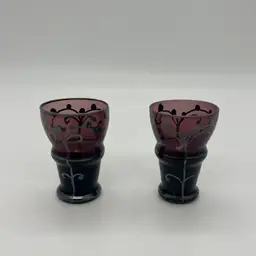 Pair Amethyst Purple Glass Silver Overlay Deco Design Shot Cordial Glasses